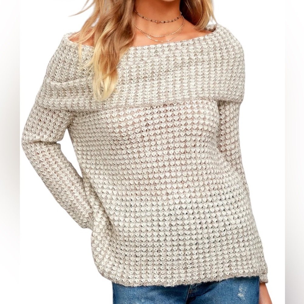 BB Dakota Tegan Long Sleeve Off-the-Shoulder Knit Sweater Beige Cream Sz S